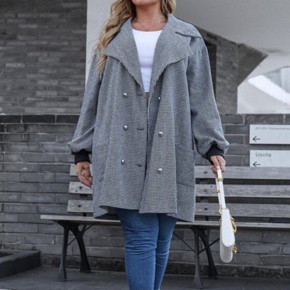 Plus Houndstooth Print Lantern Sleeve Double Breas - Picture 5 of 7